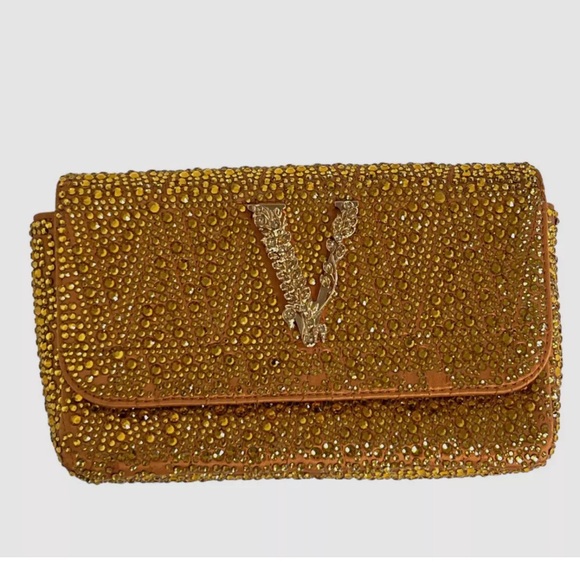 Versace Women's Gold Virtus Mini Embellished V Logo Shoulder Bag Clutch Sac